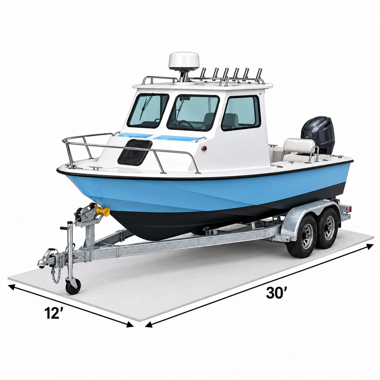 Dimension diagram of a boat on its trailer showing a dry storage space footprint of 30 feet by 12 feet