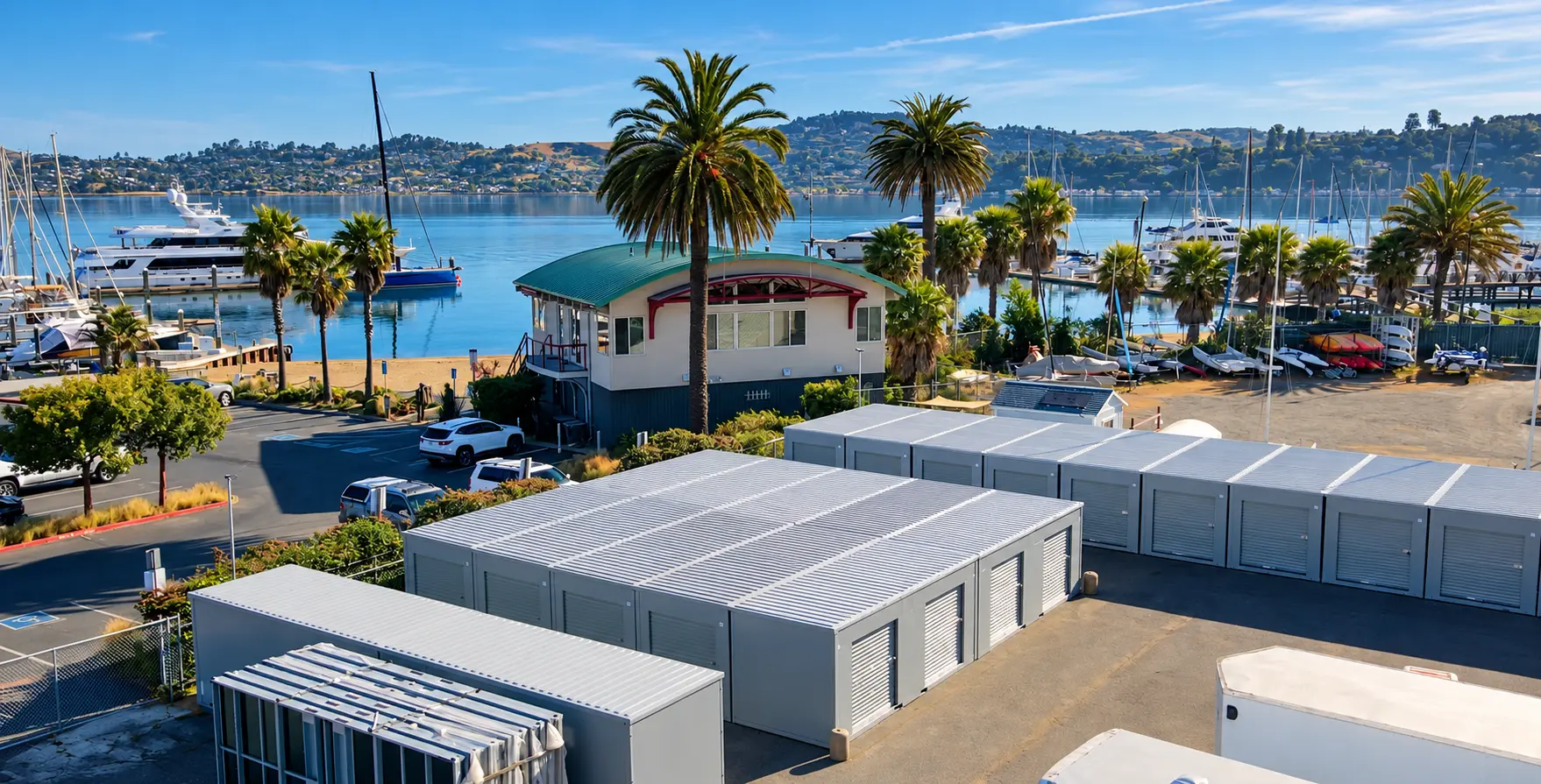 Aerial view of Marinship Industries Storage units beside Schoonmaker Point Marina and Richardson Bay, Sausalito