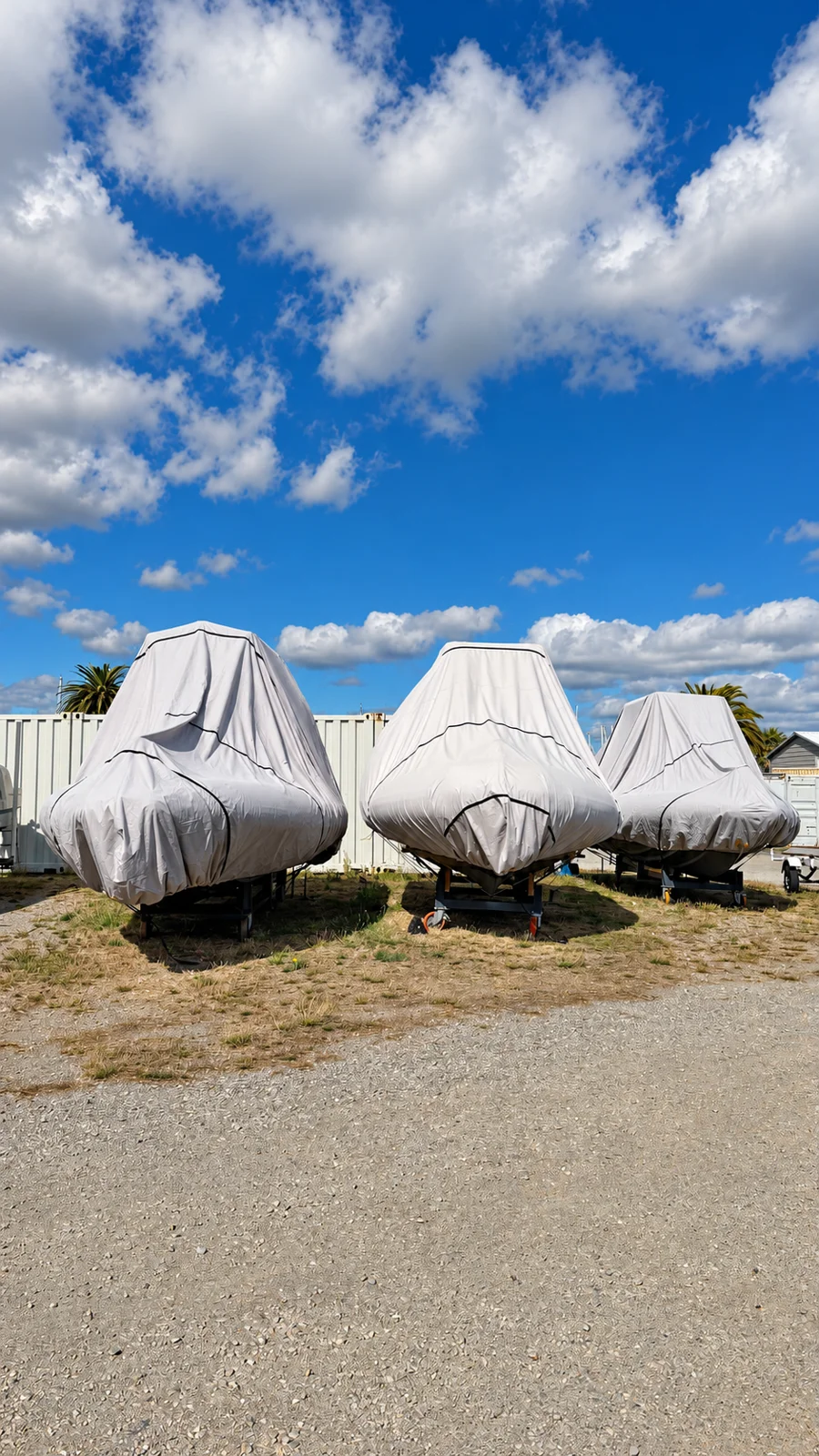 Three covered boats in the outdoor dry storage yard in Sausalito